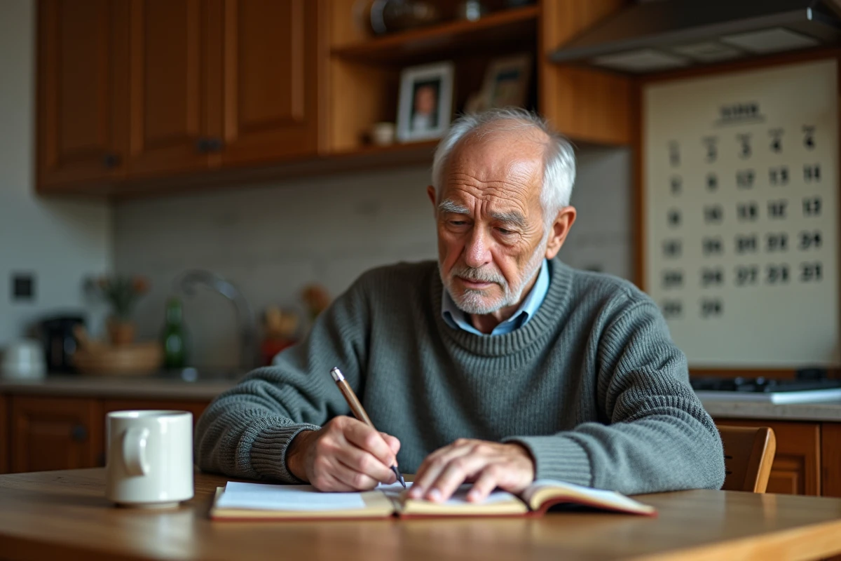 Homme &acirc;g&eacute; note dates dans un calendrier ancien