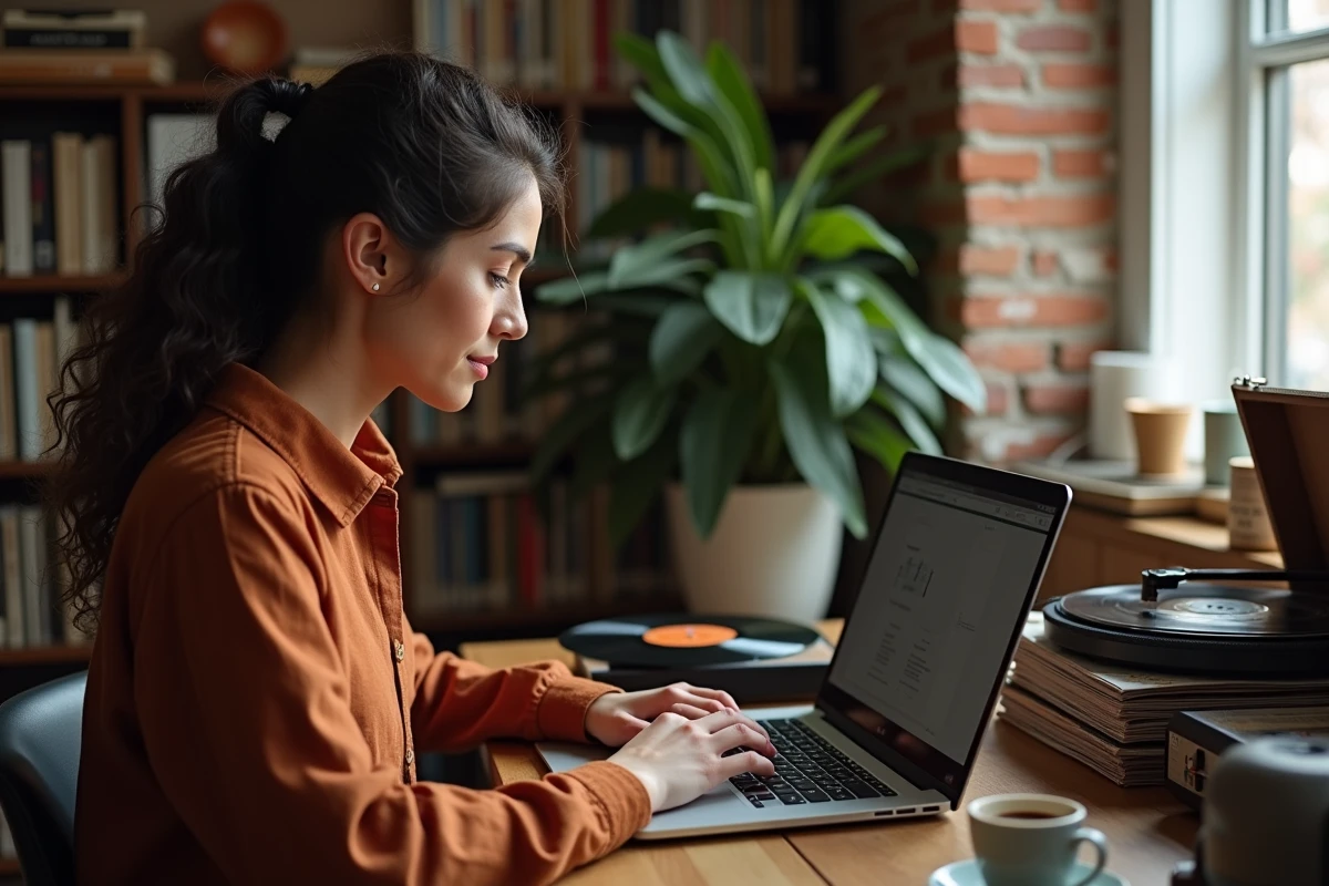 Femme recherchant des 78 tours vinyle à acheter en ligne depuis son bureau à domicile