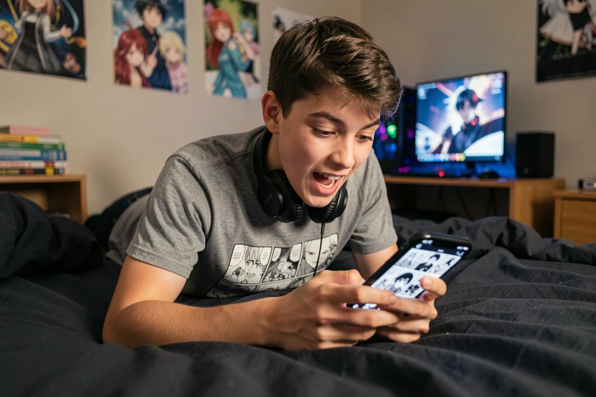 Adolescent lisant un scan de Solo Leveling en VF sur son smartphone allongé sur son lit dans sa chambre