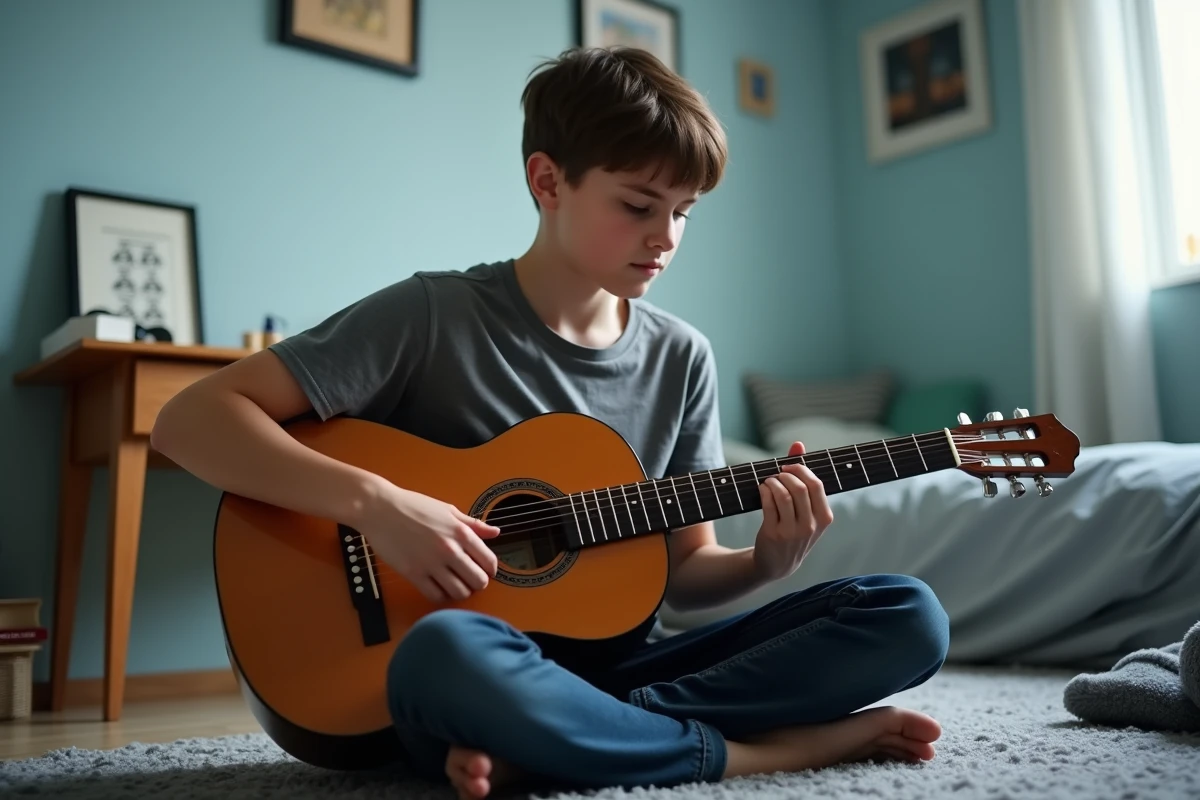 Adolescent apprenant à jouer de la guitare classique Atlantic dans sa chambre