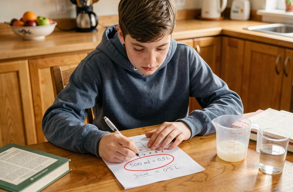 Adolescent révisant une fiche de conversion 500 ml en 0,5 litre à une table de cuisine, aide mémorisation mathématiques
