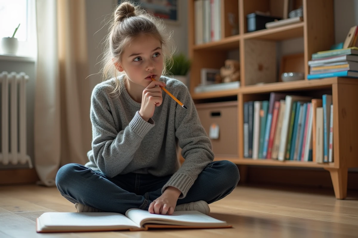 Adolescente révisant un exemple de didascalie avec un manuel de français et une fiche mémo dans sa chambre