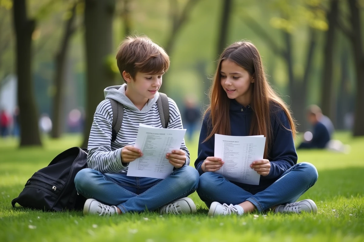 Deux adolescents participant à un jeu de piste éducatif sur les capitales du monde dans un parc