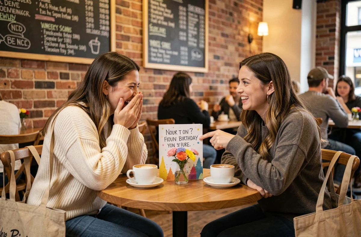 Deux amies qui rient ensemble autour d'une citation humoristique sur une carte d'anniversaire dans un café