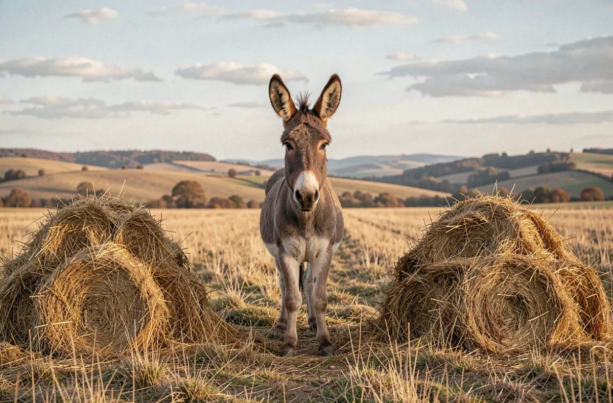 Âne immobile entre deux tas de foin identiques dans une prairie, représentation visuelle du paradoxe philosophique de l'âne de Buridan