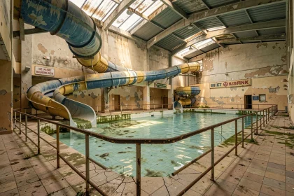 Intérieur abandonné du parc aquatique Aqualud au Touquet avec toboggans vides et bassins à l'abandon en 2026