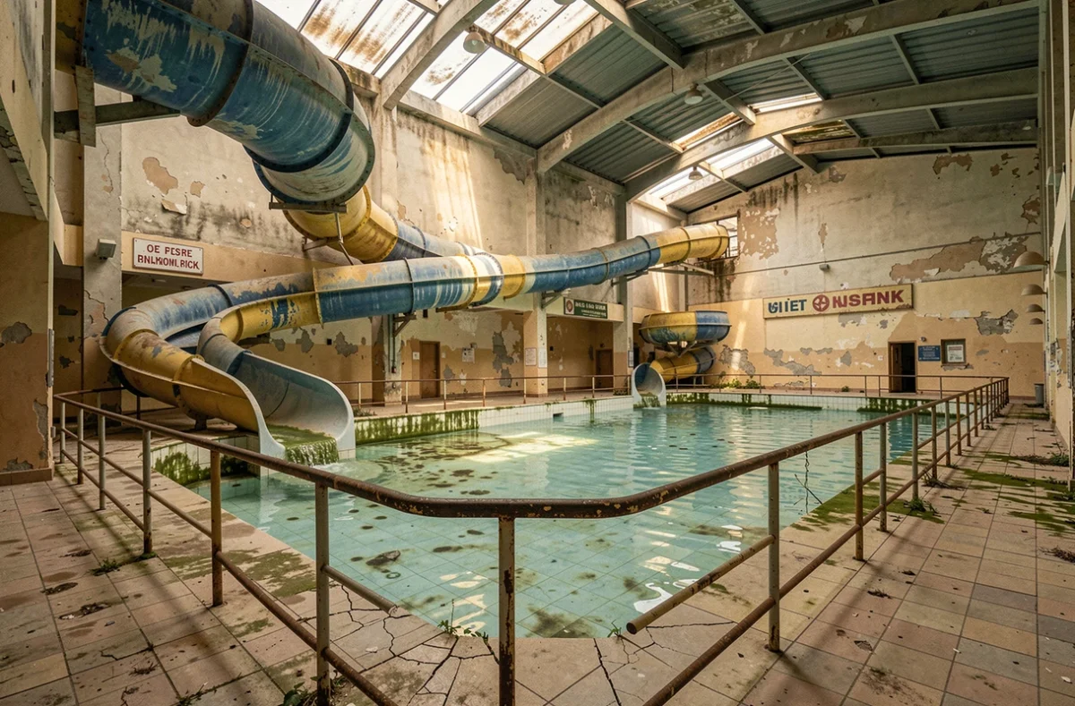 Intérieur abandonné du parc aquatique Aqualud au Touquet avec toboggans vides et bassins à l'abandon en 2026