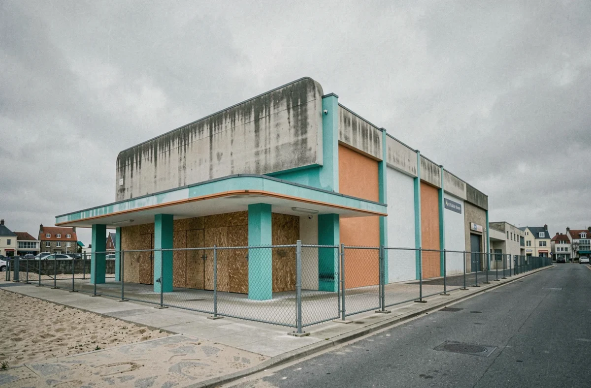 Façade extérieure fermée du parc aquatique Aqualud au Touquet Paris-Plage entouré de barrières de sécurité