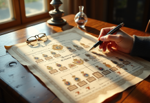 Arbre généalogique royal sur une table en bois avec stylo et lunettes