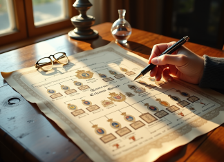 Comment lire et interpréter un arbre généalogique royal ? Arbre généalogique royal sur une table en bois avec stylo et lunettes