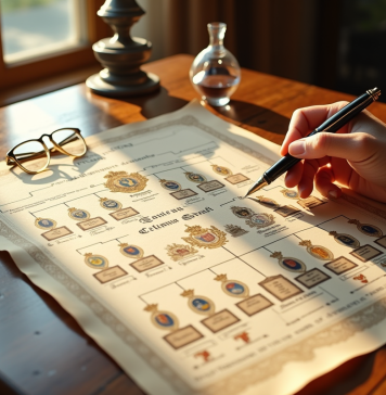 Arbre généalogique royal sur une table en bois avec stylo et lunettes