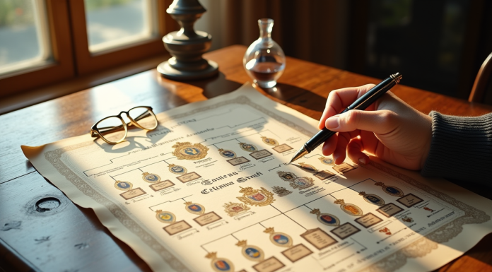 Arbre généalogique royal sur une table en bois avec stylo et lunettes