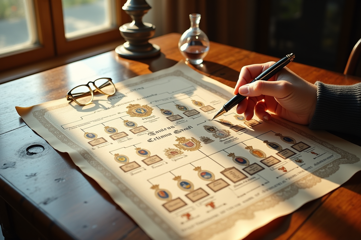 Arbre généalogique royal sur une table en bois avec stylo et lunettes