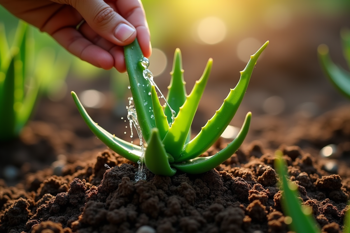 Mains arrosant doucement une aloe vera dans la terre riche