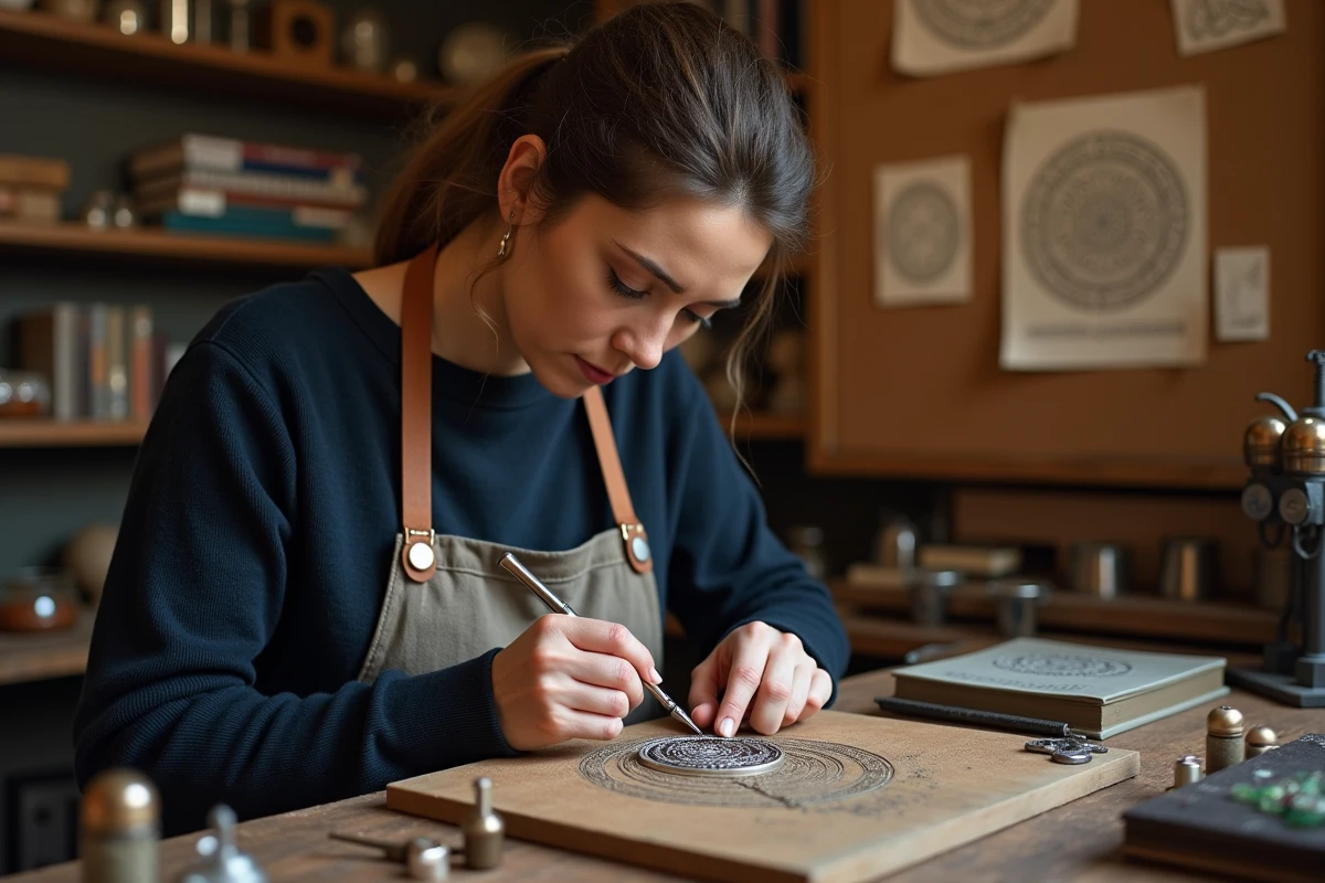 Artisane en train de graver un triskel celtique sur un pendentif en argent dans un atelier de bijouterie traditionnel