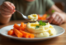 Assiette colorée de purée de pommes de terre et carottes
