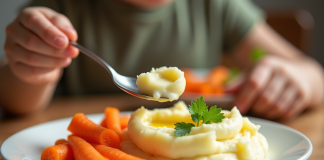 Assiette colorée de purée de pommes de terre et carottes