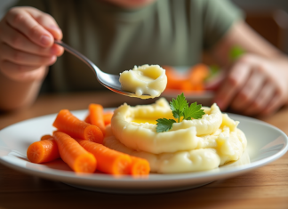 Assiette colorée de purée de pommes de terre et carottes