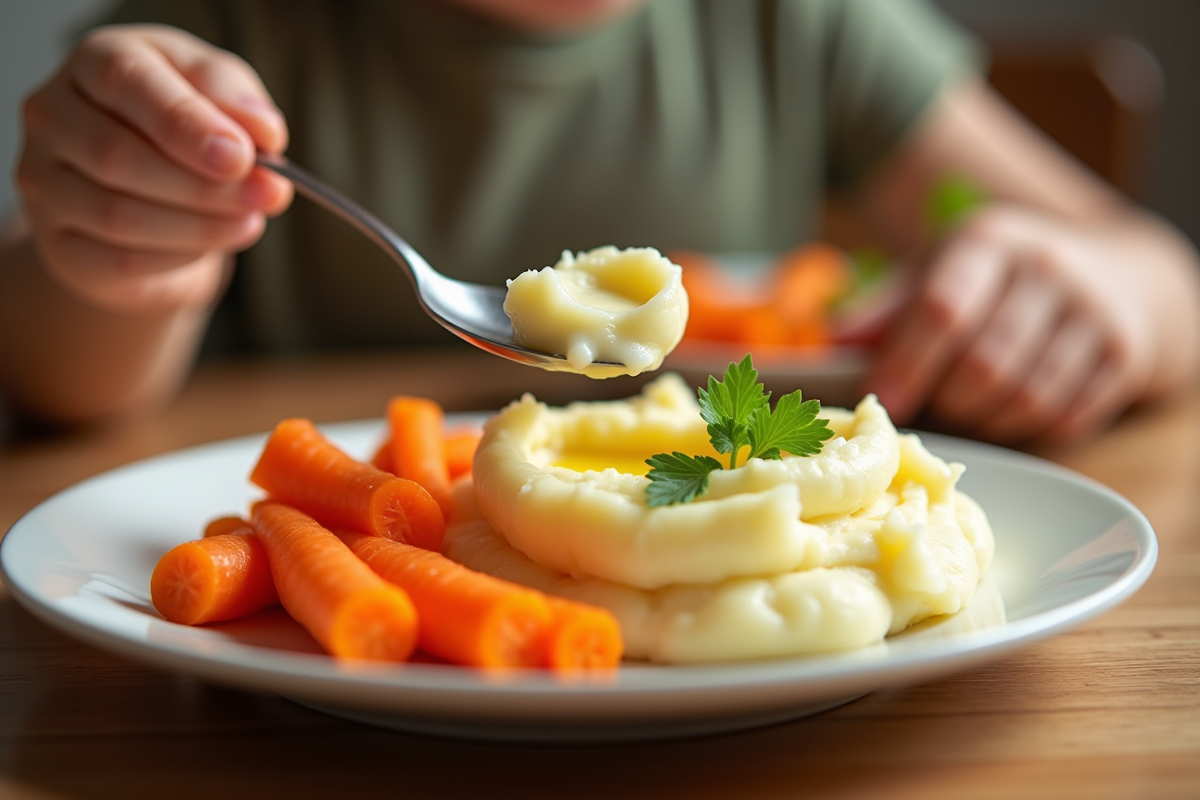 Assiette colorée de purée de pommes de terre et carottes