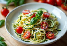 Assiette de tagliatelles de courgettes spiralisees avec tomates et basilic