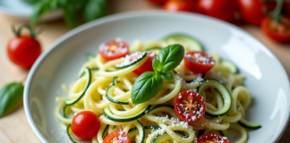 Assiette de tagliatelles de courgettes spiralisees avec tomates et basilic