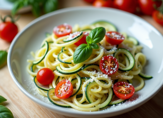 Les 10 meilleures recettes de tagliatelles de courgette Assiette de tagliatelles de courgettes spiralisees avec tomates et basilic