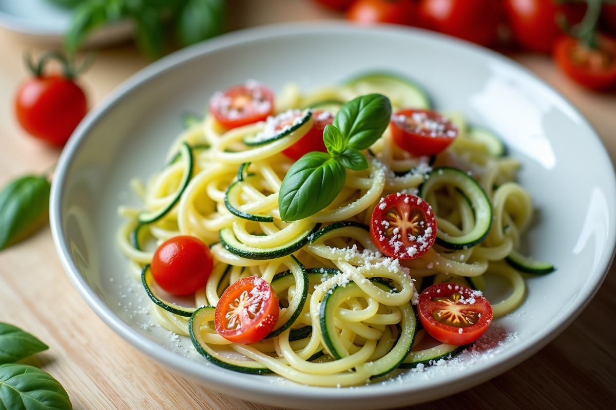 Assiette de tagliatelles de courgettes spiralisees avec tomates et basilic