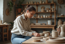 Comment choisir le meilleur kit poterie complet : critères et recommandations Femme dans son atelier de poterie avec kit complet