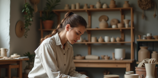 Comment choisir le meilleur kit poterie complet : critères et recommandations Femme dans son atelier de poterie avec kit complet