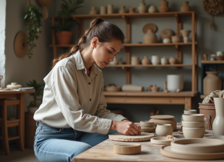 Comment choisir le meilleur kit poterie complet : critères et recommandations Femme dans son atelier de poterie avec kit complet