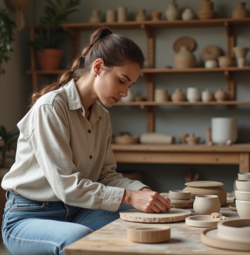 Femme dans son atelier de poterie avec kit complet