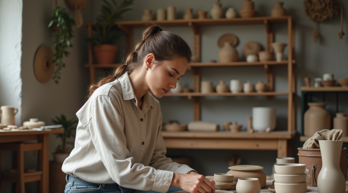 Comment choisir le meilleur kit poterie complet : critères et recommandations Femme dans son atelier de poterie avec kit complet