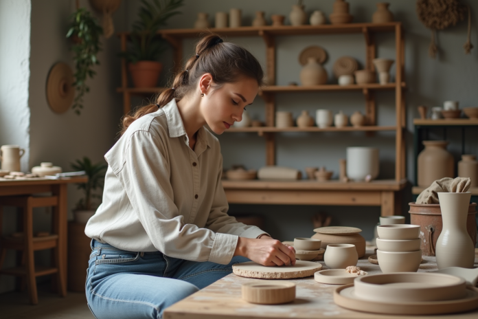atelier-poterie-femme Femme dans son atelier de poterie avec kit complet