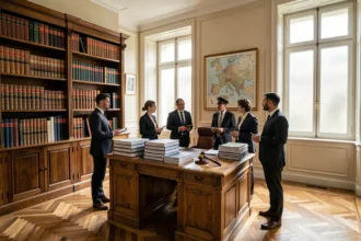 Vue intérieure d'un cabinet d'avocats normand dans l'Eure avec bibliothèque juridique et professionnels du droit en discussion