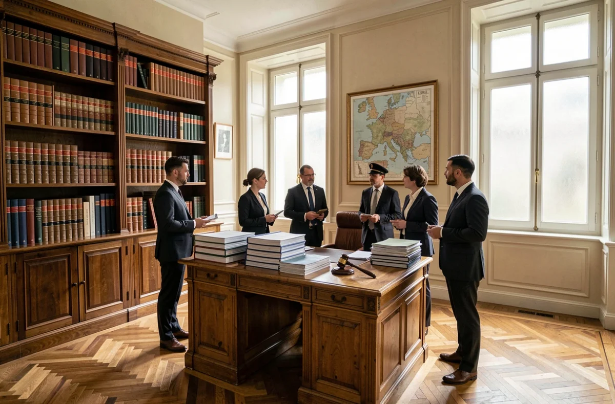 Vue intérieure d'un cabinet d'avocats normand dans l'Eure avec bibliothèque juridique et professionnels du droit en discussion