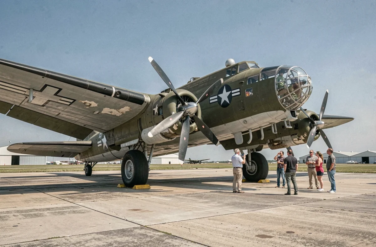 Boeing B-17F Flying Fortress restauré exposé lors d'un meeting aérien vintage, entouré de passionnés d'aviation