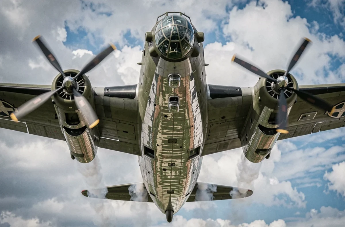 Vue en contre-plongée du Boeing B-17F en vol lors d'un meeting commémoratif, moteurs radiaux en fonctionnement