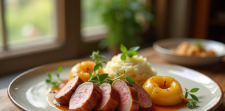 Assiette de boudin blanc tranché avec pommes glacées et herbes