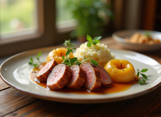 Assiette de boudin blanc tranché avec pommes glacées et herbes