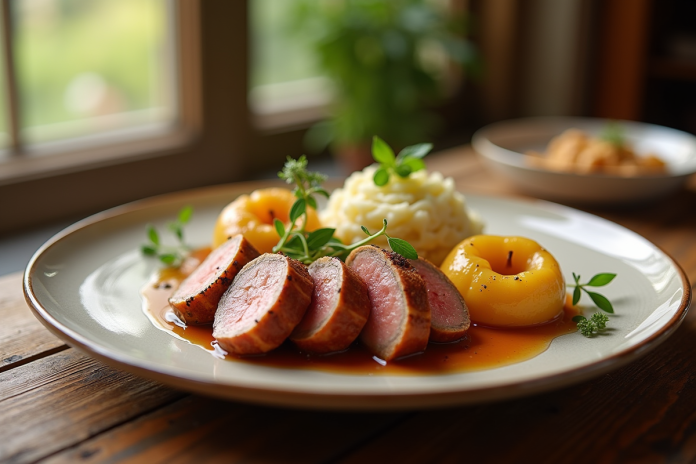 Assiette de boudin blanc tranché avec pommes glacées et herbes