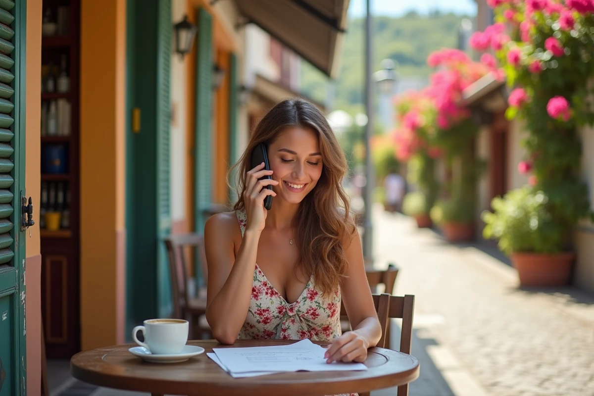 Jeune femme à La Réunion vérifiant son planning de réservation depuis un café créole en plein air
