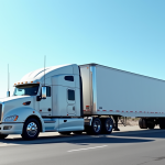 Camion semitrailer stationne dans un parking industriel en plein jour