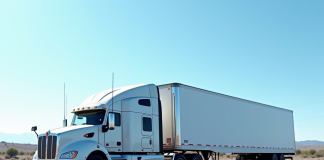 Camion semitrailer stationne dans un parking industriel en plein jour