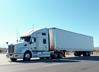 Camion semitrailer stationne dans un parking industriel en plein jour