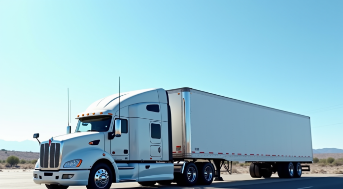Camion semitrailer stationne dans un parking industriel en plein jour