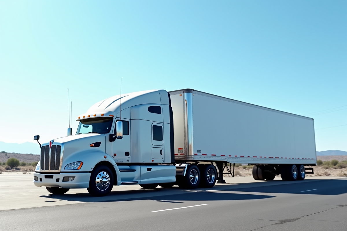 Camion semitrailer stationne dans un parking industriel en plein jour