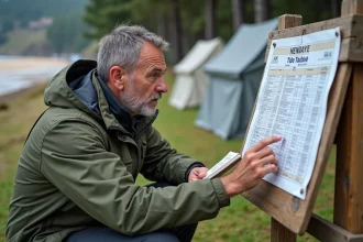 Campeur consultant un tableau des marées affiché sur un panneau en bois près du camping d'Hendaye avec la plage en arrière-plan