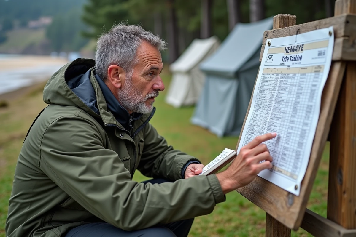 Campeur consultant un tableau des marées affiché sur un panneau en bois près du camping d'Hendaye avec la plage en arrière-plan