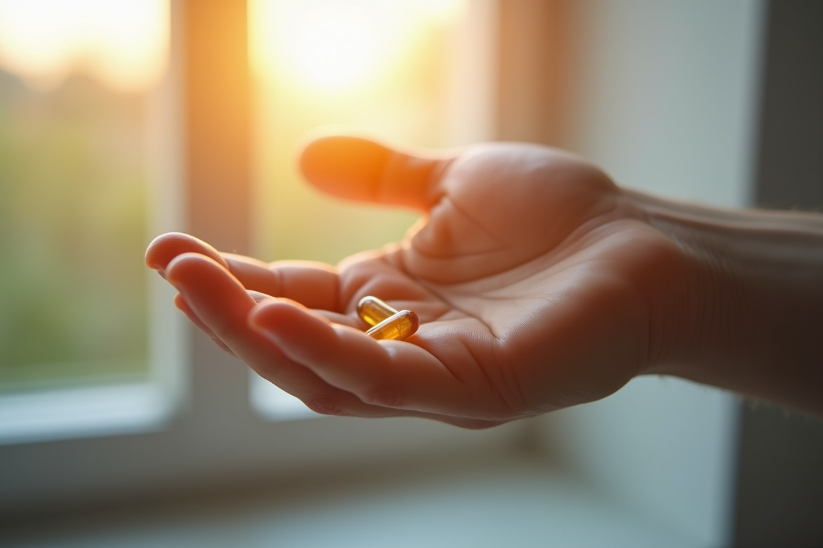 Main tenant une capsule de supplément sous lumière naturelle