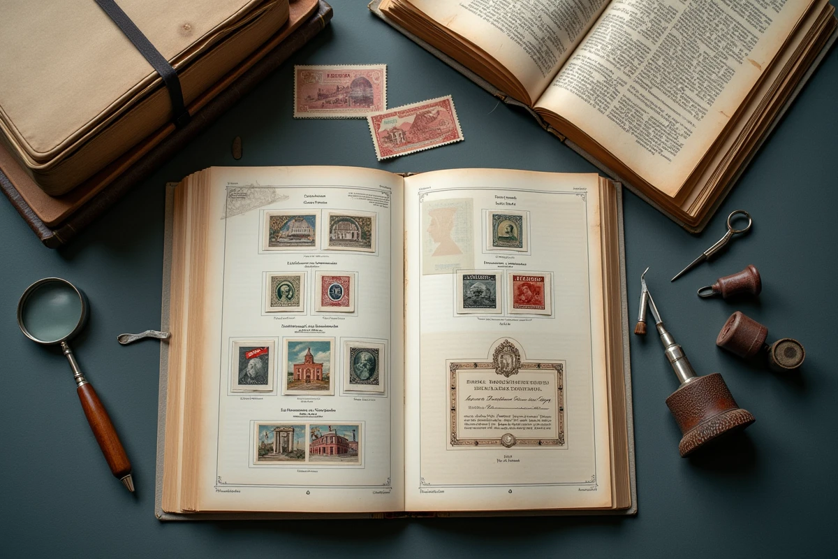 Certificat d'expertise philatélique posé à côté de timbres anciens et d'un catalogue de référence